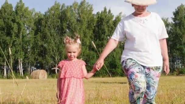 Nagymama sétál unokája a réten - Felvétel, videó