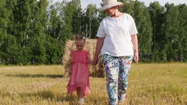 Büyükanne ve büyükbaba çayırda torunu ile yürür - Video, Çekim