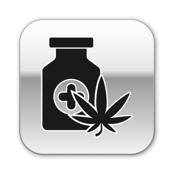 Μαύρο Ιατρικό μπουκάλι με μαριχουάνα ή φύλλο κάνναβης, απομονωμένο σε λευκό φόντο. Mock up από εκχυλίσματα ελαίου κάνναβης σε βάζα. Ασημένιο τετράγωνο κουμπί. Εικονογράφηση διανύσματος - Διάνυσμα, εικόνα