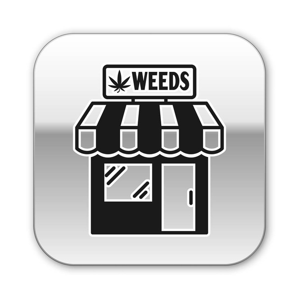Zwarte marihuana en cannabis winkel icoon geïsoleerd op witte achtergrond. Apparatuur en accessoires om te roken, medische cannabis op te slaan. Zilveren vierkante knop. Vector illustratie - Vector, afbeelding