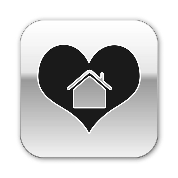 Μαύρο σπίτι με είδωλο σχήμα καρδιάς απομονώνεται σε λευκό φόντο. Σύμβολο αγάπης στο σπίτι. Οικογένεια, ακίνητα και κτηματομεσιτικά. Ασημί τετράγωνο κουμπί. Απεικόνιση διανυσματικών φορέων - Διάνυσμα, εικόνα