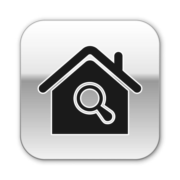 Μαύρο εικονίδιο αναζήτησης σπίτι απομονώνεται σε λευκό φόντο. Ακίνητο σύμβολο ενός σπιτιού κάτω από μεγεθυντικό φακό. Ασημί τετράγωνο κουμπί. Απεικόνιση διανυσματικών φορέων - Διάνυσμα, εικόνα