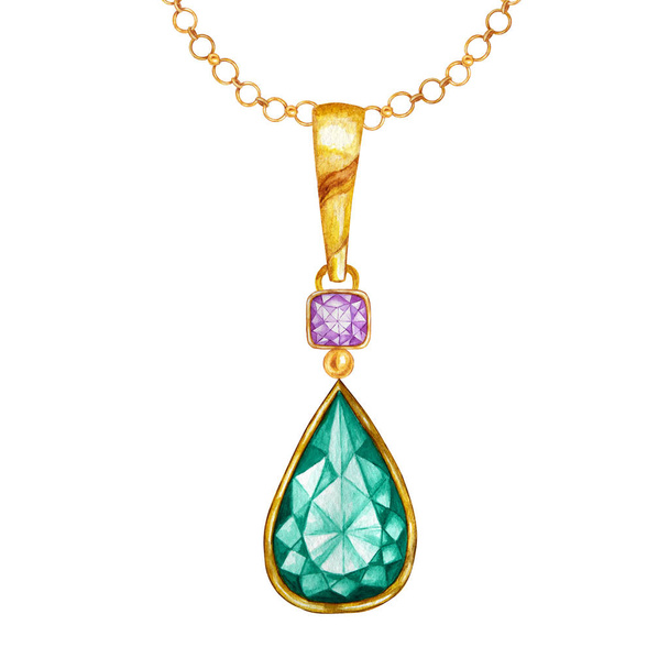 Beautiful jewelry set. Green emerald drop crystal and purple square gemstone with gold element. Watercolor drawing Pendant with crystals on golden chain on white background. - Photo, Image