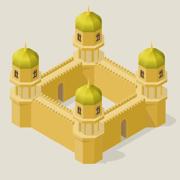 Fortaleza isométrica con torres y muros. Fortificaciones al estilo árabe
. - Vector, imagen