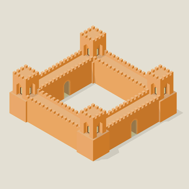 Izometrická pevnost s věžemi a stěnami. Opevnění v starodávným stylu. - Vektor, obrázek