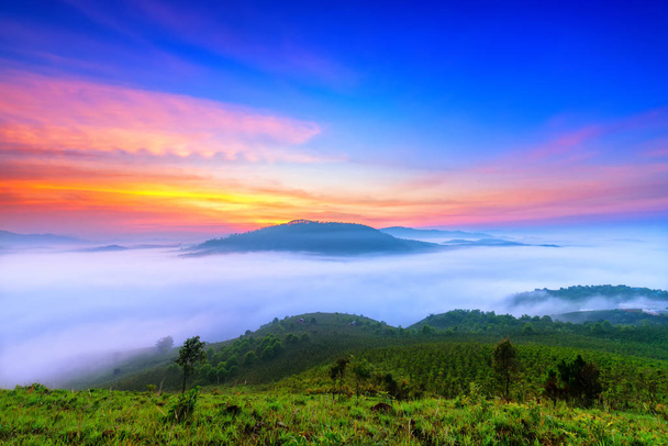 Morgendämmerung auf dem Hochplateau nebelbedecktes Tal in da lat, Vietnam. alle schaffen wunderbare Aussichten am Morgen des schönen neuen Tages - Foto, Bild