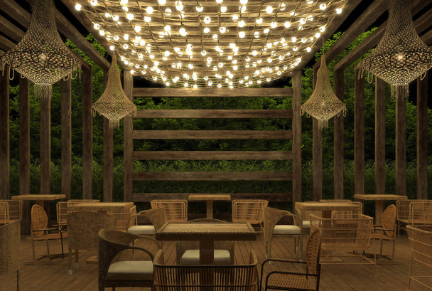 夏の屋外カフェのインテリアは、夜の屋外で明るい花輪やウィッカー家具の装飾とエスニックレトロなスタイルで。3D レンダリング  - 写真・画像