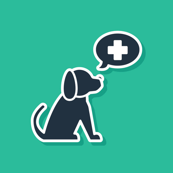 Icono símbolo de la clínica veterinaria azul aislado sobre fondo verde. Cruza con la atención veterinaria del perro. Signo de primeros auxilios. Ilustración vectorial
 - Vector, Imagen