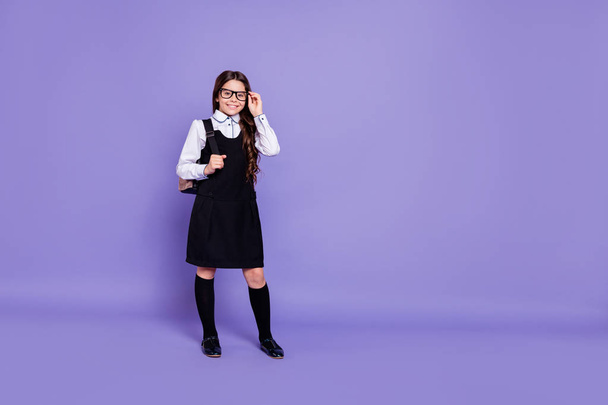 Full length body size view of nice attractive cheerful cheery content wavy-haired pre-teen girl ready to class work isolated over bright vivid shine violet background - Valokuva, kuva
