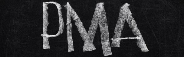 文字pmaと黒チョークボードのパノラマショット - 写真・画像
