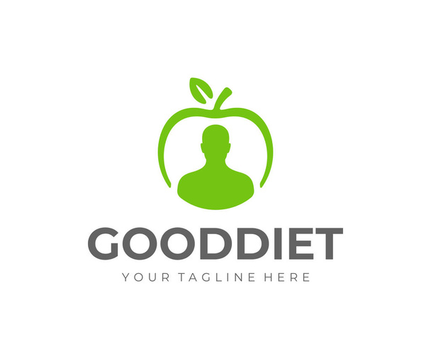 Gezond Lifestyle logo ontwerp. Gewicht verlies dieet vector ontwerp. Man en appel fruit logotype - Vector, afbeelding