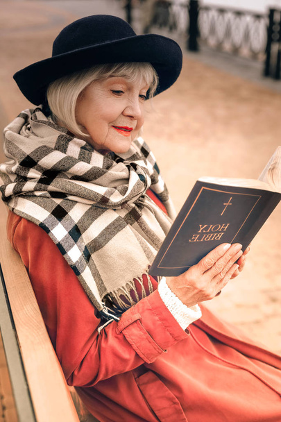 Portrait of a stylish elderly lady reading book in park - Foto, afbeelding