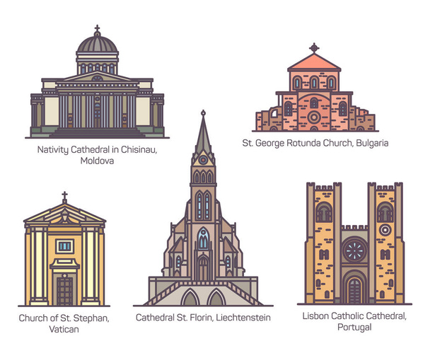 Набор изолированных католических церквей Европы в очереди
 - Вектор,изображение