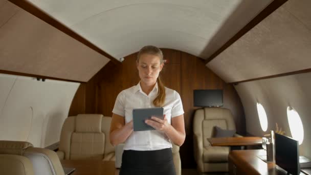 Liikenainen ilmassa yksityinen suihkukone surffailu internetissä tablet PC
 - Materiaali, video