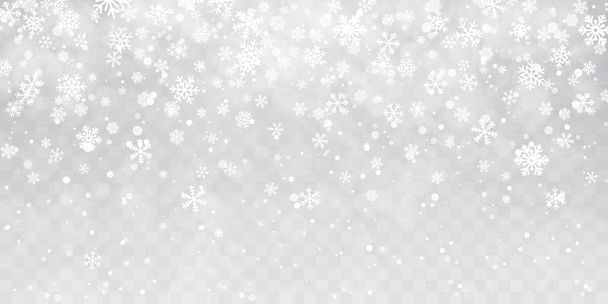 Christmas snow. Heavy snowfall. Falling snowflakes on transparent background. White snowflakes flying in the air. Vector illustration - Vector, Image