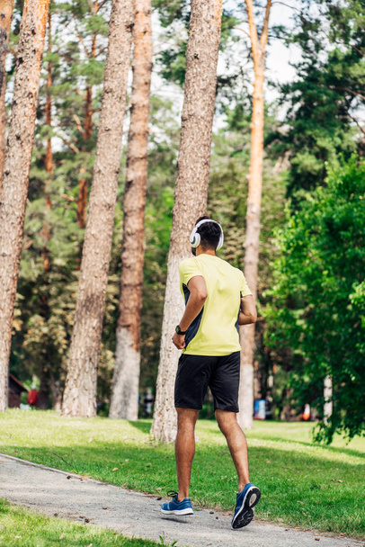 Achteraanzicht van de man Running tijdens het luisteren van muziek in een koptelefoon in Park  - Foto, afbeelding
