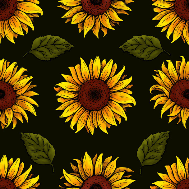 sunflower flower with leaves on dark background, seamless pattern - Zdjęcie, obraz
