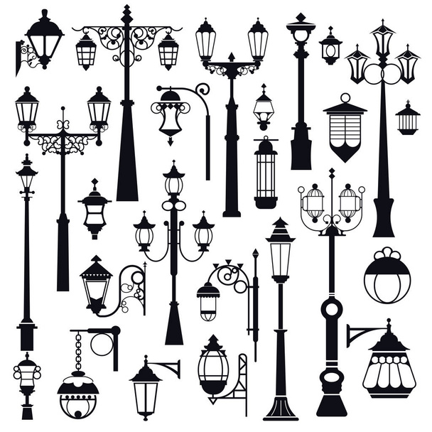 Streetlight, outdoor street and park lanterns, isolated objects - Vector, Image