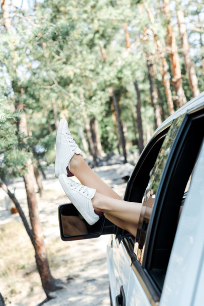 cropped view of woman in white sneakers in woods  - Foto, imagen