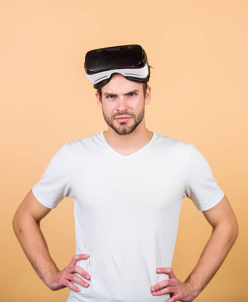 Using VR technologies. man use modern technology. man wear wireless VR glasses headset. virtual reality goggles. Modern business education. Digital future innovation. Working on Programing Project - Φωτογραφία, εικόνα