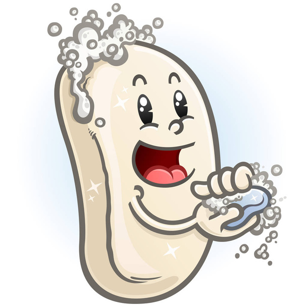 Uma barra espumante de mão personagem de desenho animado sabão com suds de bolhas limpas lavar as mãos
 - Vetor, Imagem