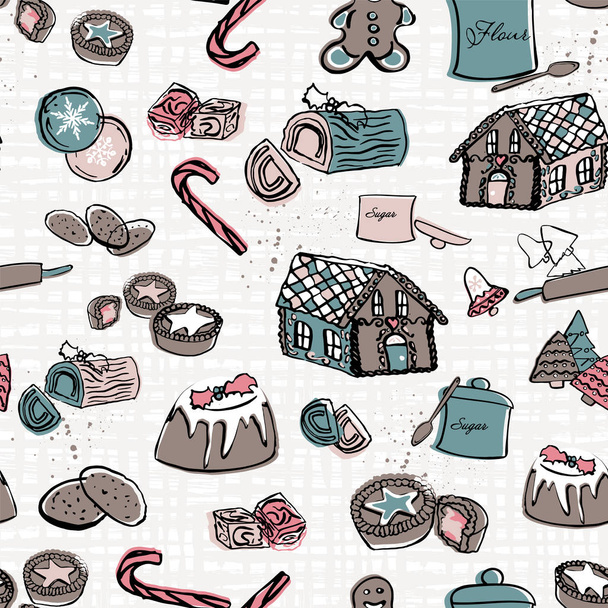 Weihnachtliches Essen mit Plätzchen, Lebkuchen, Kuchen und Süßigkeiten. Charmante Retro handgezeichnete Weihnachtszeit zu Hause backen Print-Design. Vektorhintergrund - Vektor, Bild
