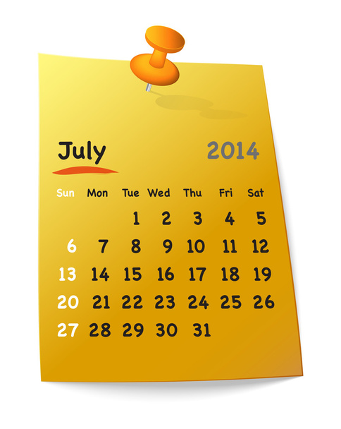 オランウータンと接続されているオレンジ色の付箋に 2014 年 7 月のカレンダー - ベクター画像