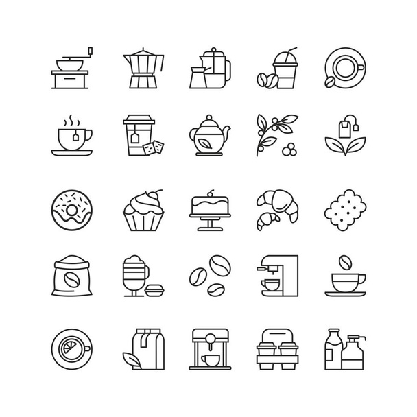 Coffee and tea drinks linear icons set - Vetor, Imagem