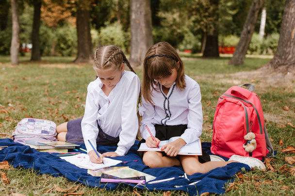 De vuelta a la escuela. Los niños de la escuela haciendo la tarea en la naturaleza.. Las colegialas se divierten en el parque
 - Foto, Imagen