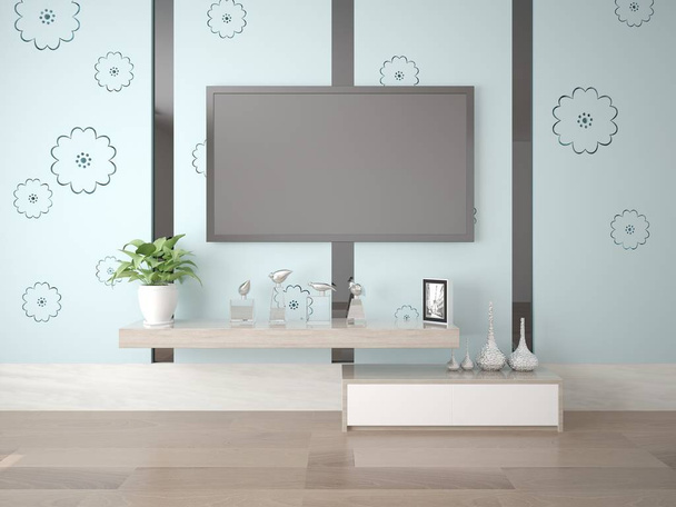 mock up ein stilvolles Wohnzimmer mit einem großen modernen tv und einem trendigen hellen Hintergrund. - Foto, Bild