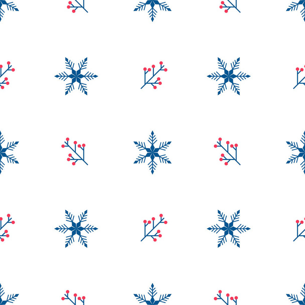 Winter seamless pattern of blue snowflakes and branches with red - Vector, Image