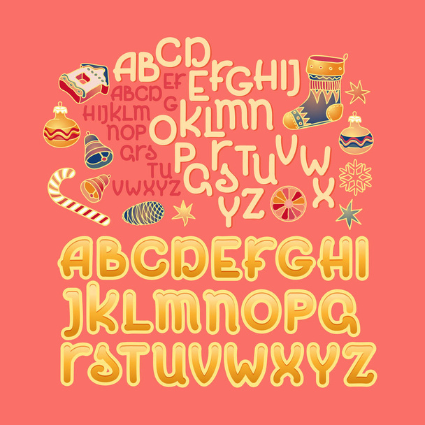 Christmas alphabet. Xmas toys, gifts, and festive capital letter - Vector, Image