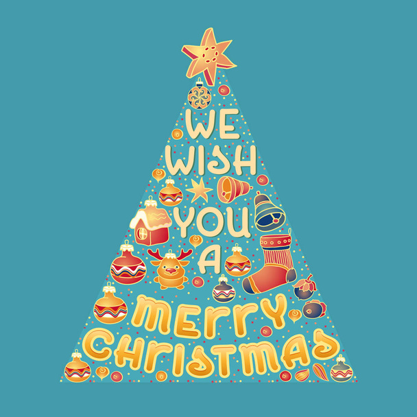 Christmas badge with greeting inscription, toys, and cookies. Vector. - Vector, Image