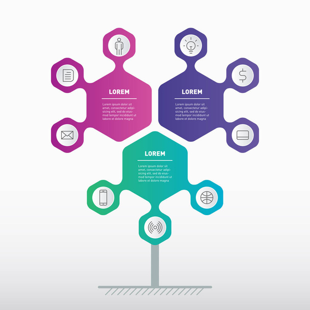 Présentation d'entreprise ou concept infographique avec 3 options. Modèle d'arbre de développement, d'infographie ou de diagramme. Graphisme vectoriel de la technologie ou du processus éducatif en trois étapes
 - Vecteur, image