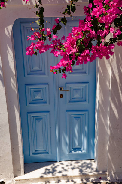 Image typique grecque avec arche de fleurs de bougainvilliers et porte d'entrée bleue. île de Santorin, Oia, Grèce, Europe
. - Photo, image