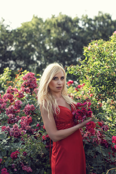 Mature blonde in the garden with roses - Foto, afbeelding