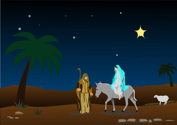 Йосип і Мері в подорож у пошуках притулку для народження Ісуса - Вектор, зображення