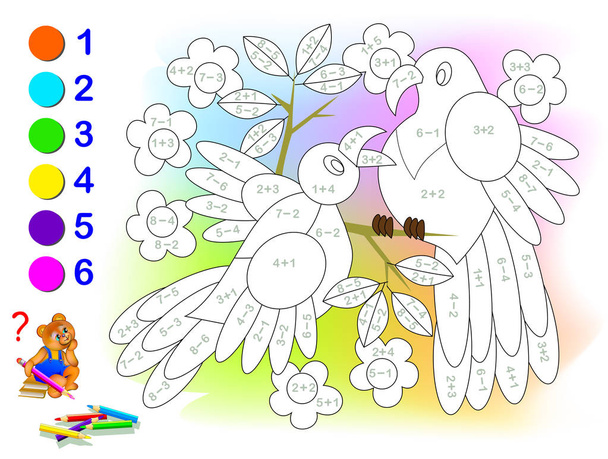Educational page with exercises for children on addition and subtraction. Solve examples and paint the birds in relevant colors. Developing skills for counting. Printable worksheet for kids textbook. - Вектор, зображення