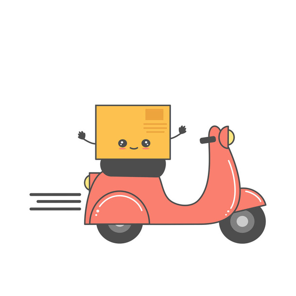 cute fast delivery business concept vector cartoon illustration with scooter motorcycle and box - Vector, Image