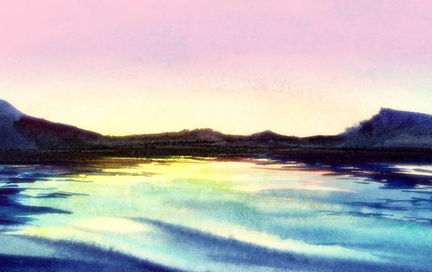 Serene watercolor landscape. Fairy view of dark outlines of mountains and glittering surface of water reflecting gentle gradient pink sky. Blurred post processed background. Hand drawn illustration. - 写真・画像