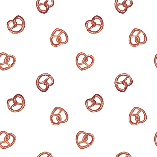 Acuarela dibujada a mano patrón sin costuras con sabroso pretzel sobre fondo blanco
. - Foto, imagen