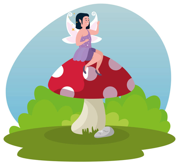 ragazza fata seduta nella pianta fungo e cespugli
 - Vettoriali, immagini