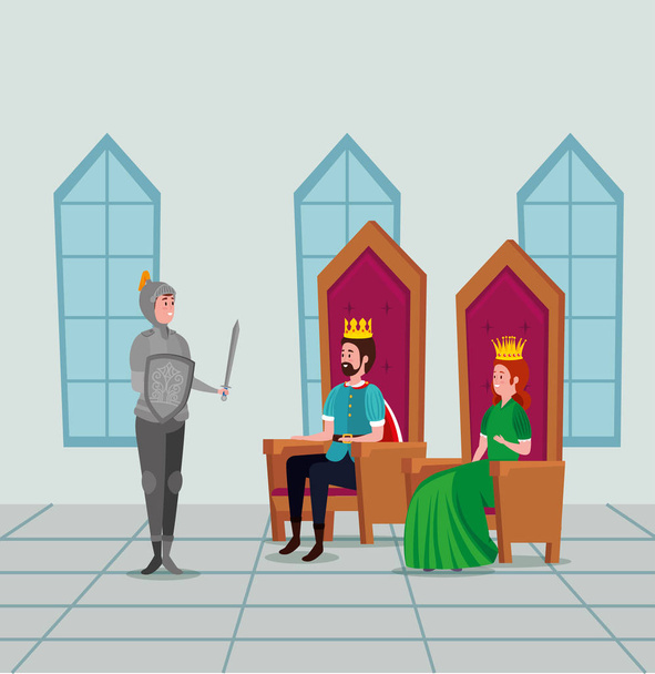Królowa i król siedzący na krzeseł i Sir z mieczem - Wektor, obraz