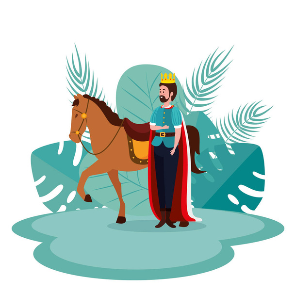 König mit Krone und Umhang mit königlichem Pferd - Vektor, Bild