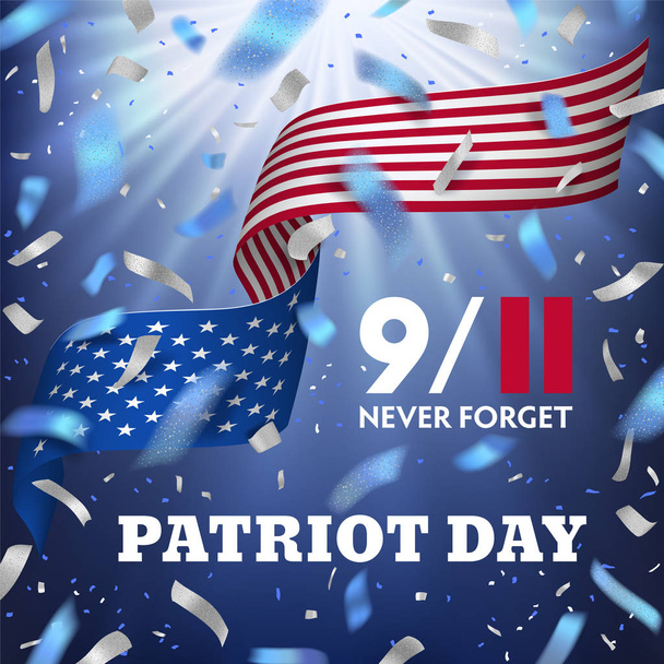 American Patriot day celebration banner with colorful flying confetti  and ribbon with colour of the national flag of of United States of America. Red, white, blue vector design. - Vector, Image