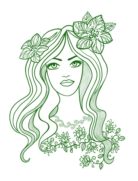Artistic vector drawing of a beautiful girl with flowers - Вектор,изображение