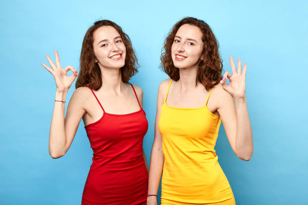 charming two sisters show okay sign with hand, wears casual clothes - Φωτογραφία, εικόνα