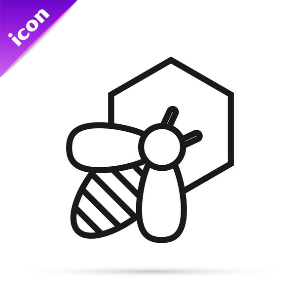 Linha preta Ícone de abelha e favo de mel isolado no fundo branco. Células de mel. Abelha ou apis com símbolo de asas. Inseto voador. Comida natural doce. Ilustração vetorial
 - Vetor, Imagem