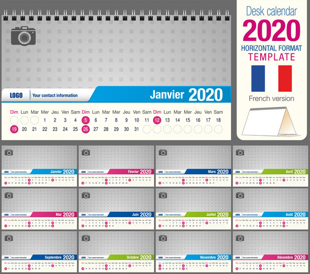 Χρήσιμο γραφείο τρίγωνο ημερολόγιο 2020 πρότυπο, με χώρο για να τοποθετήσετε μια φωτογραφία. Μέγεθος: 22 cm x 12 cm. μορφή οριζόντια. Γαλλική έκδοση - Διάνυσμα, εικόνα