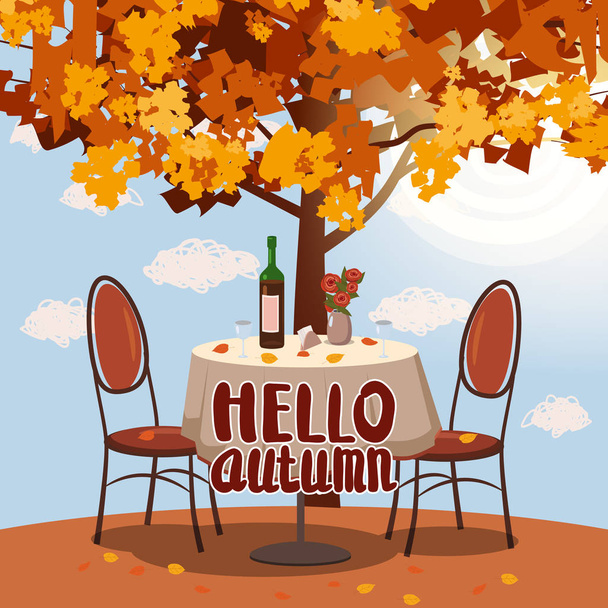 Bonjour Table basse d'automne avec vin pour deux personnes branches d'automne de feuilles tombantes feuillage, chaises fleurs dans l'ambiance romantique du parc. Vecteur d'illustration isolé
 - Vecteur, image